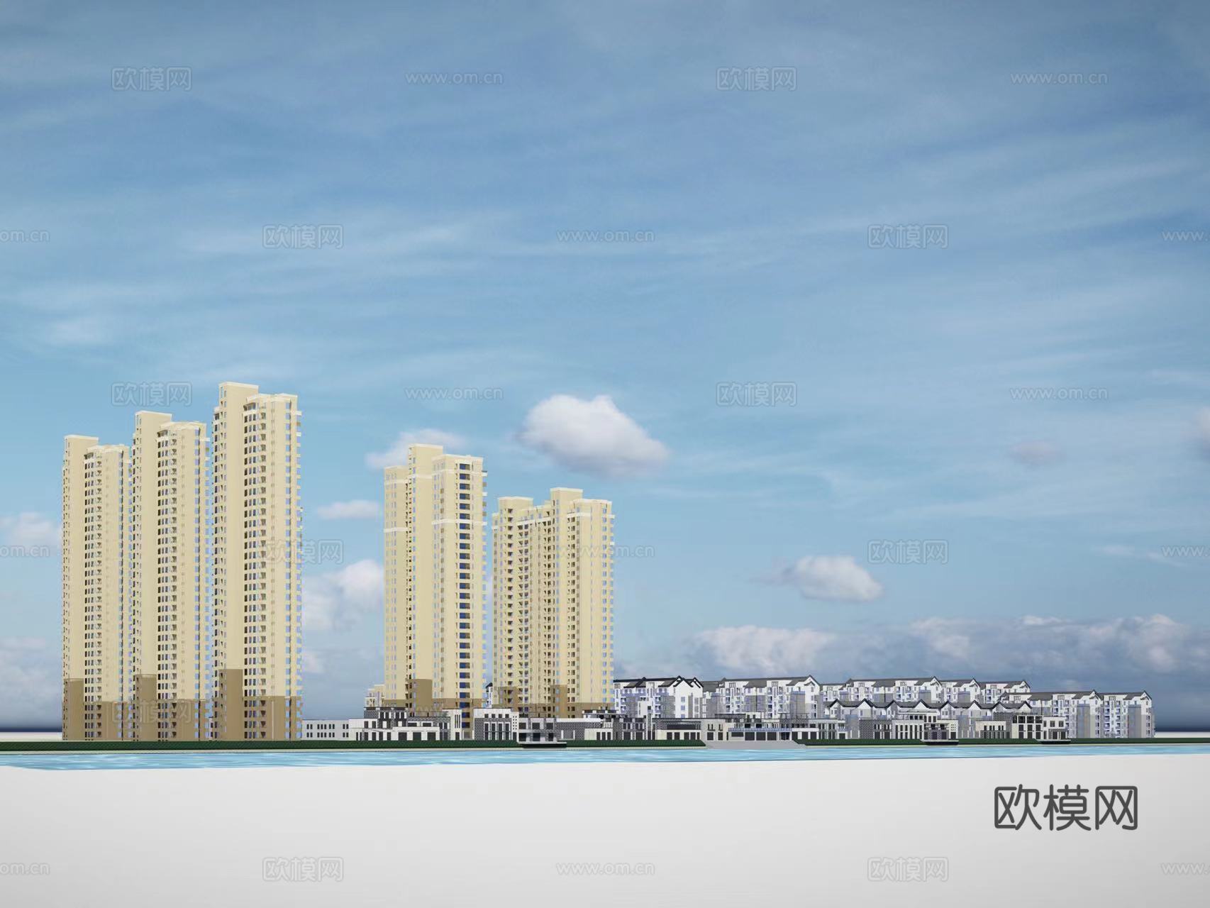 新中式小区建筑外观su模型下载