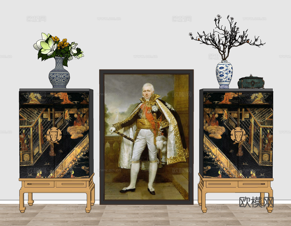 新古典漆画边柜su模型下载下载