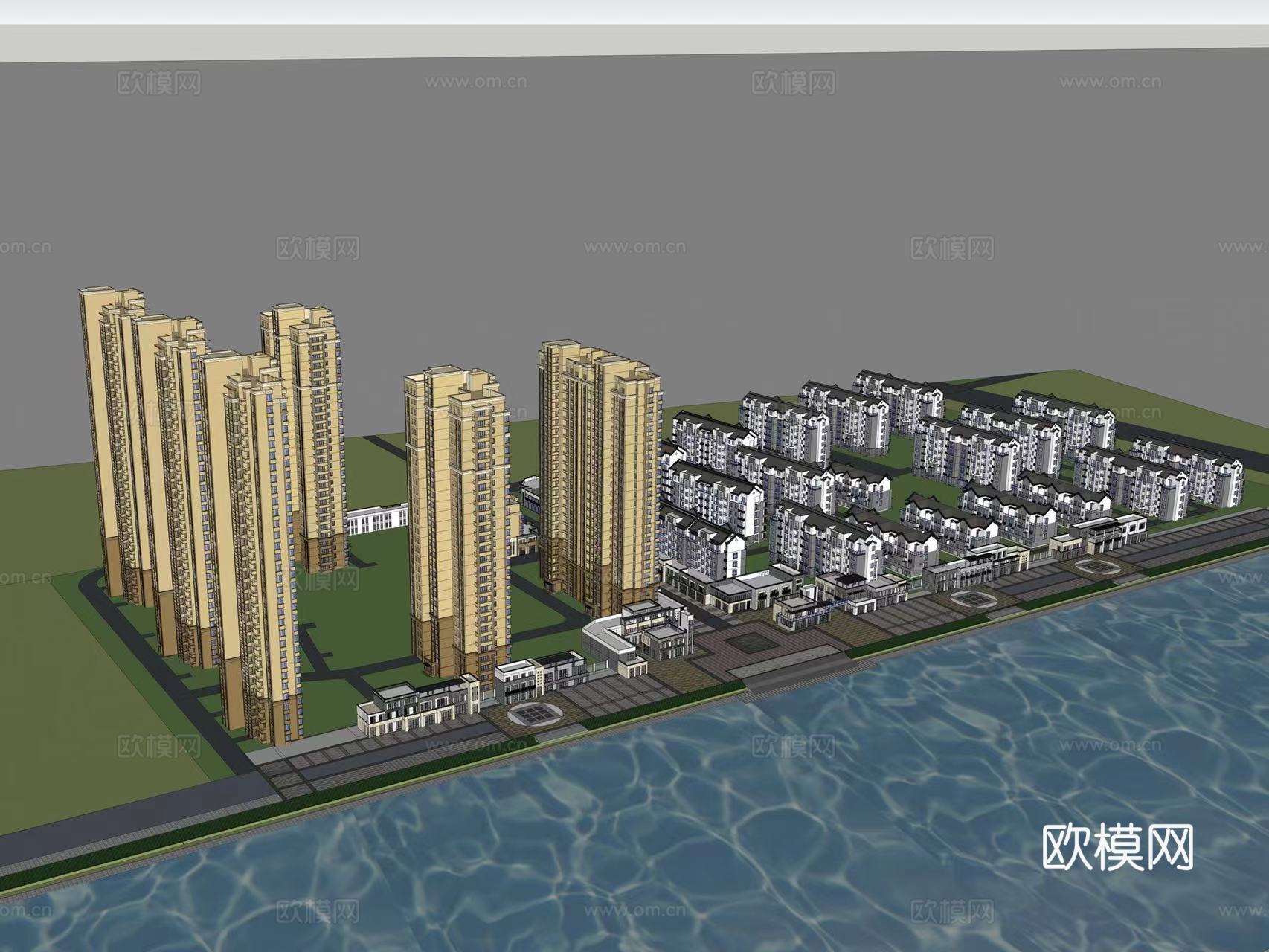 新中式小区建筑外观su模型下载