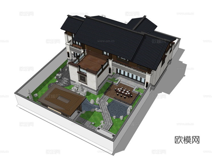 新中式庭院景观su模型下载