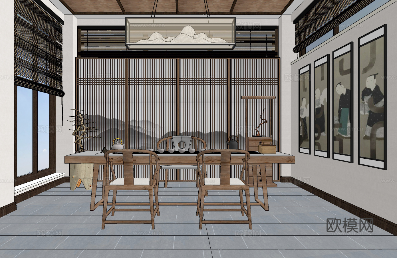 新中式茶室su模型下载