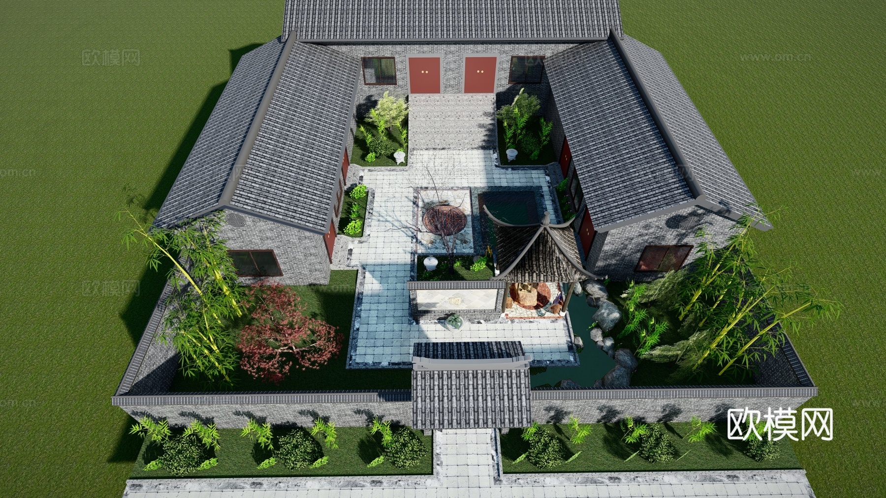 中式古建乡村四合院su模型下载