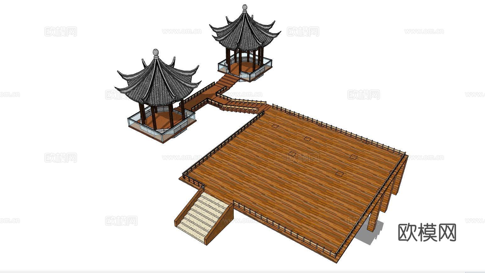 中式游步道木桥su模型下载