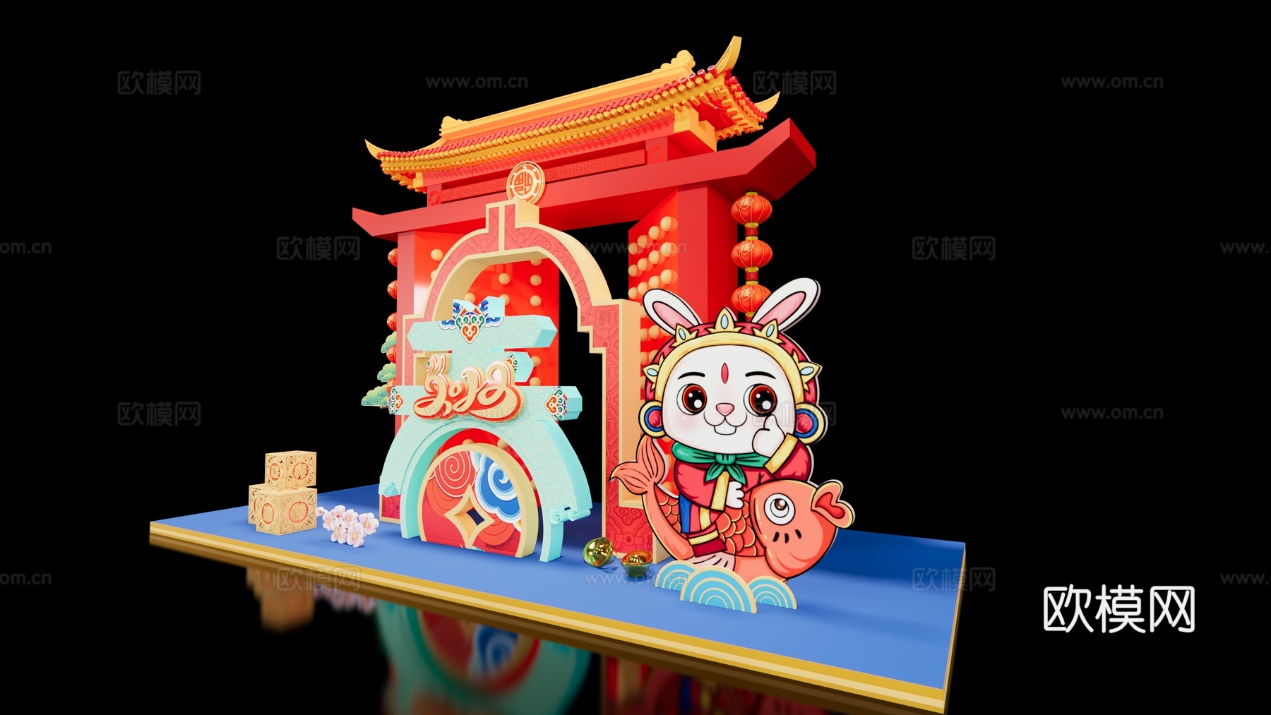 新中式兔年春节美陈su模型下载
