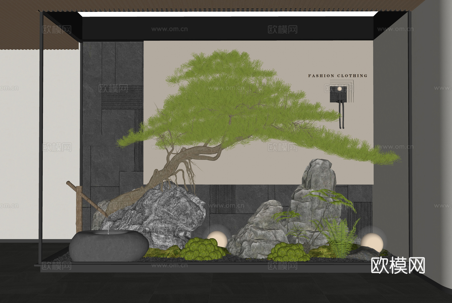 新中式室内景观 景观石头 植物造景 庭院小品 苔藓 松树su模型
