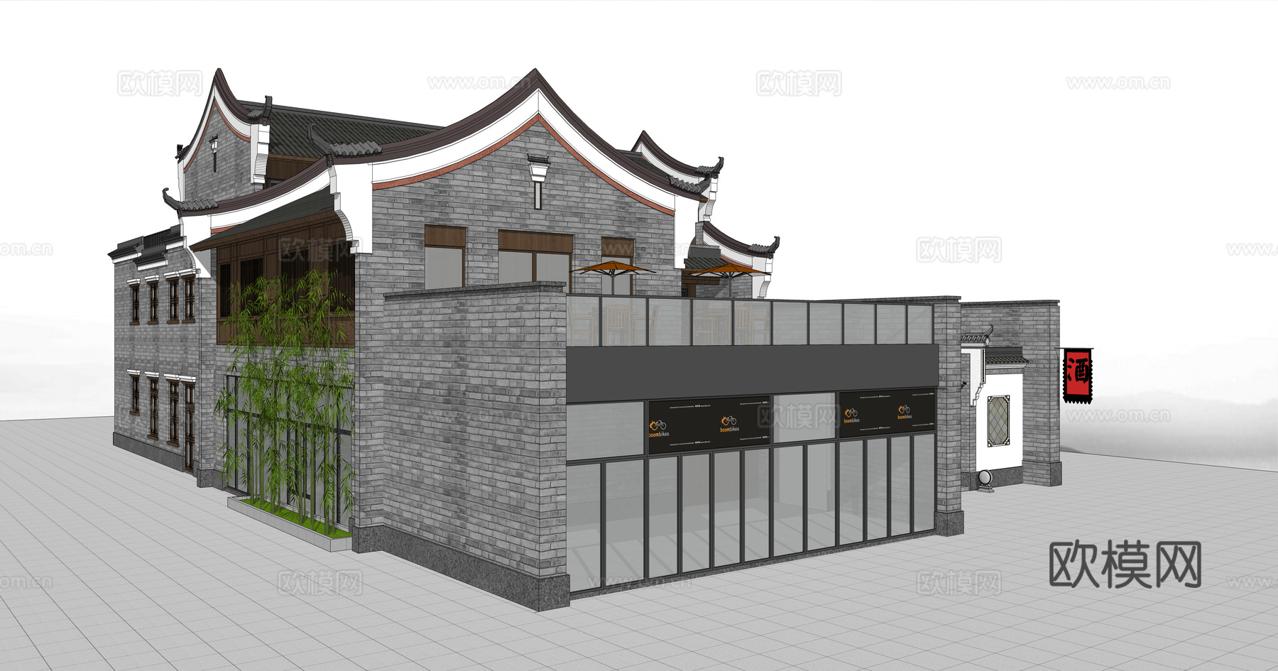 中式酒店饭店建筑外观su模型下载