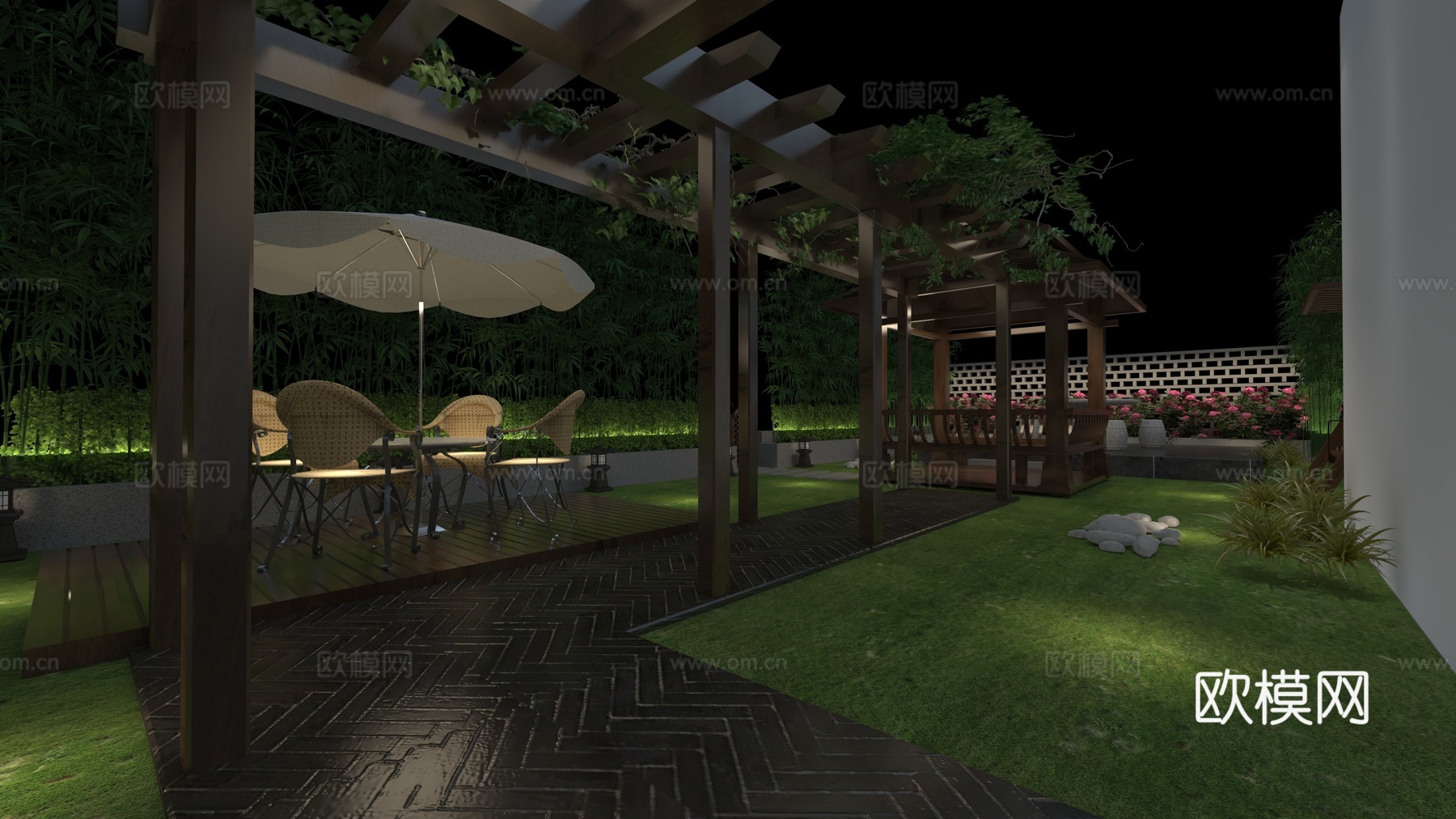 花园 住宅花园 连廊 廊架 连廊爬藤 蔓藤 花园夜景3d模型