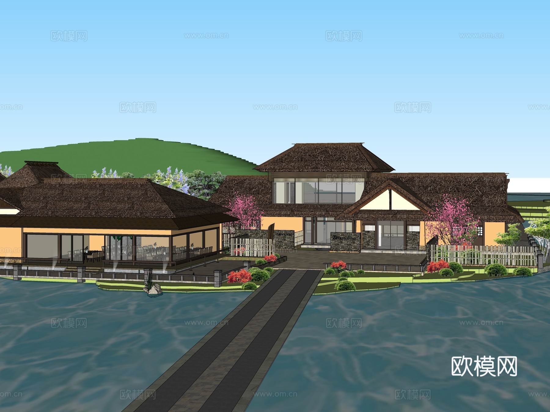 中式景区鸟瞰su模型下载