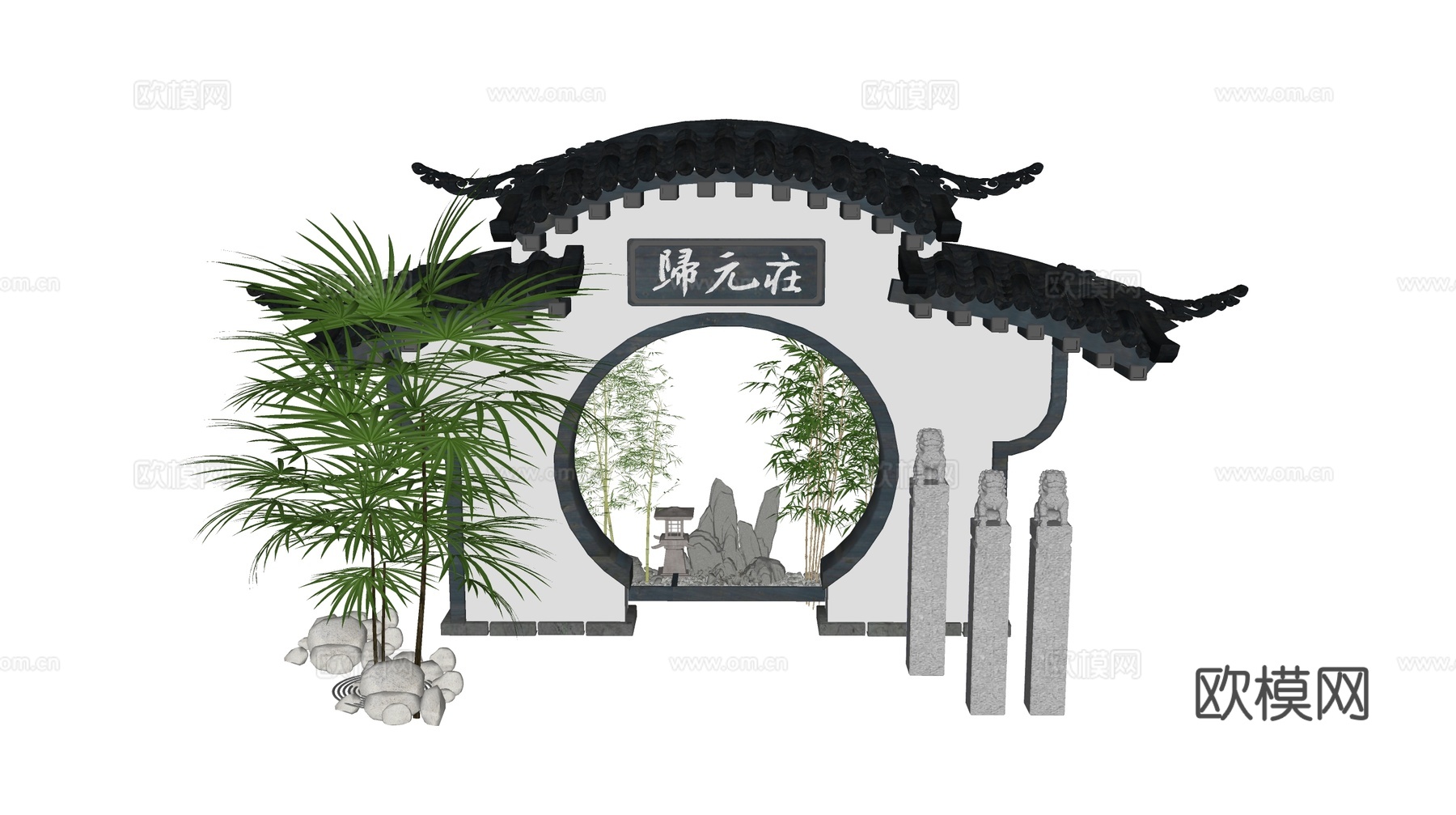 新中式月亮门景观小品su模型下载