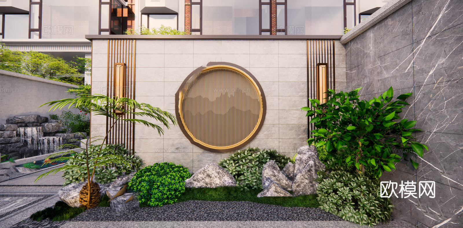 新中式别墅庭院 别墅区 新中式庭院su模型