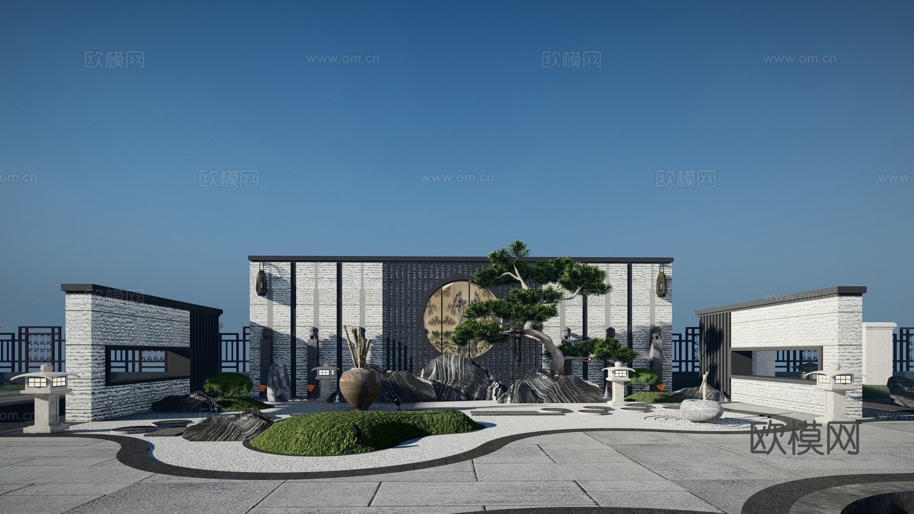 新中式景墙围墙园艺小品su模型下载