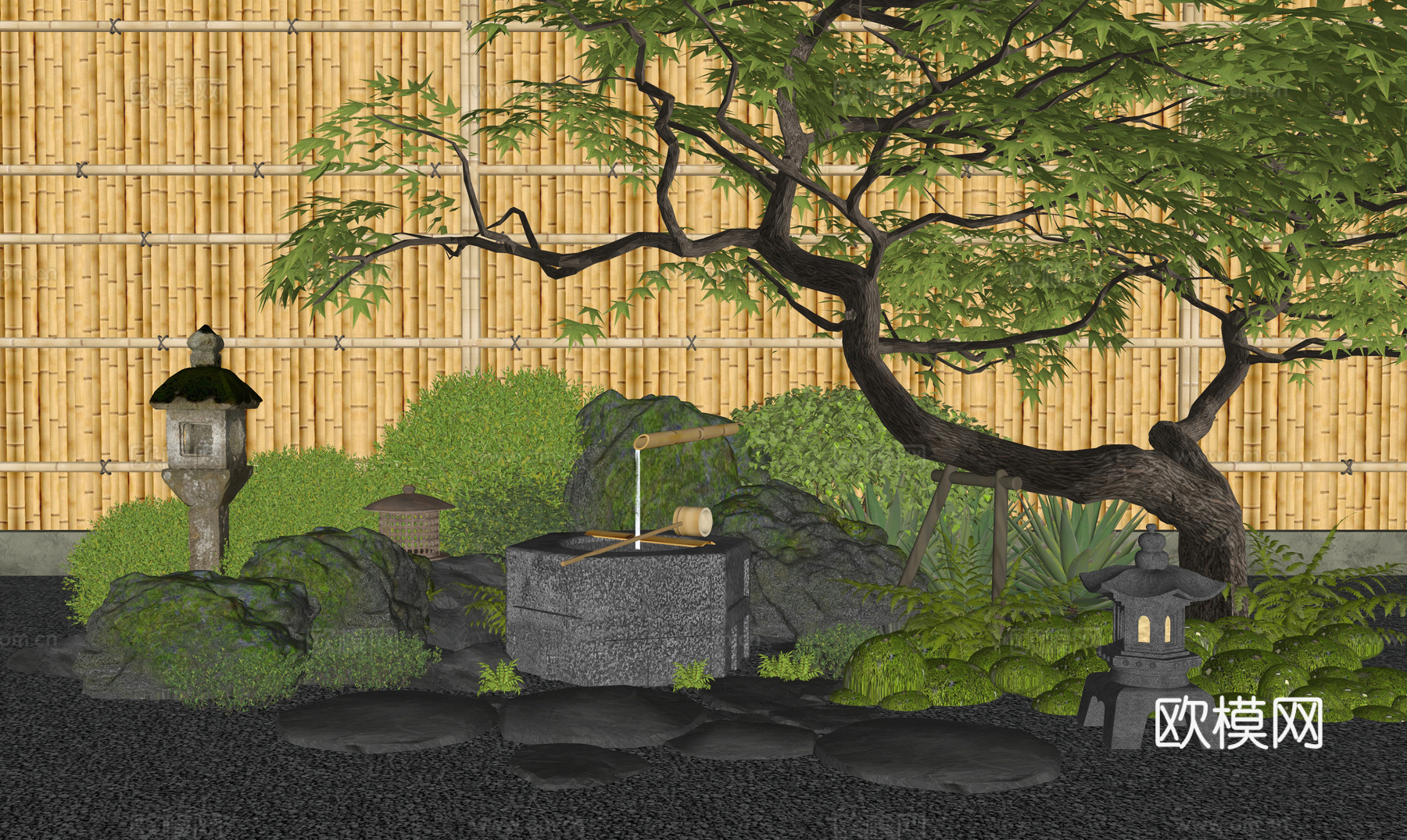 日式庭院小品 枯山水 灌木 枫树 竹篱 水钵水景 植物堆su模型