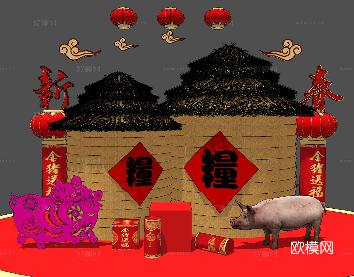 新中式粮仓灯笼美陈摆件su模型下载