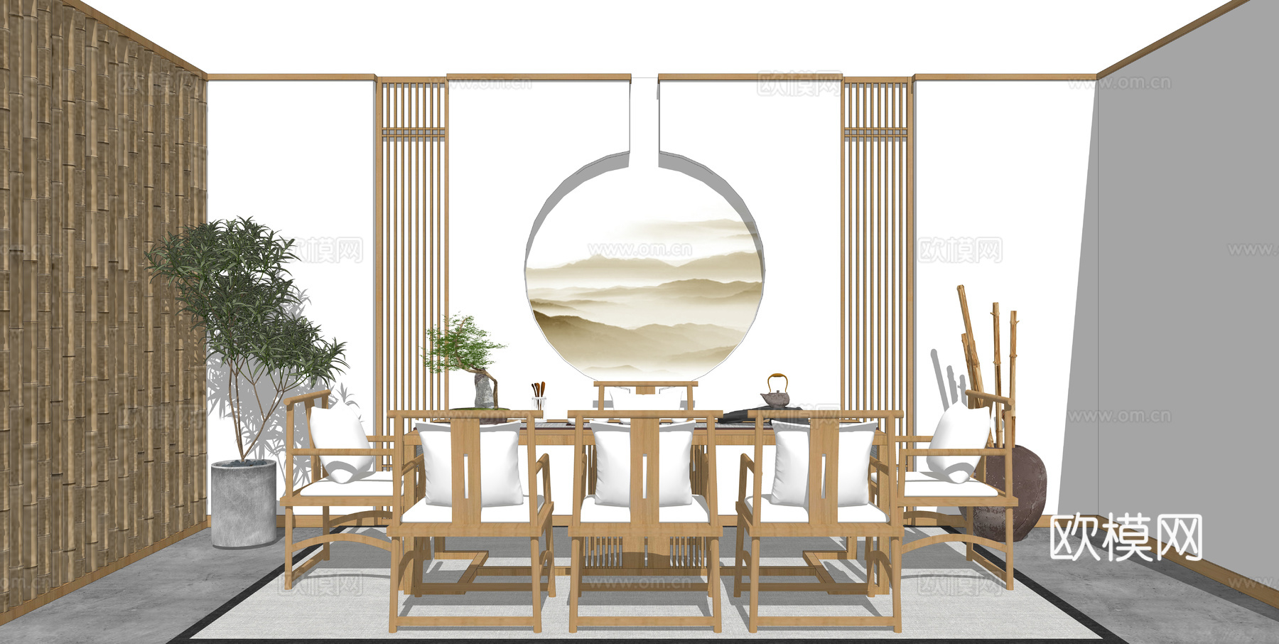 新中式实木茶桌椅su模型下载