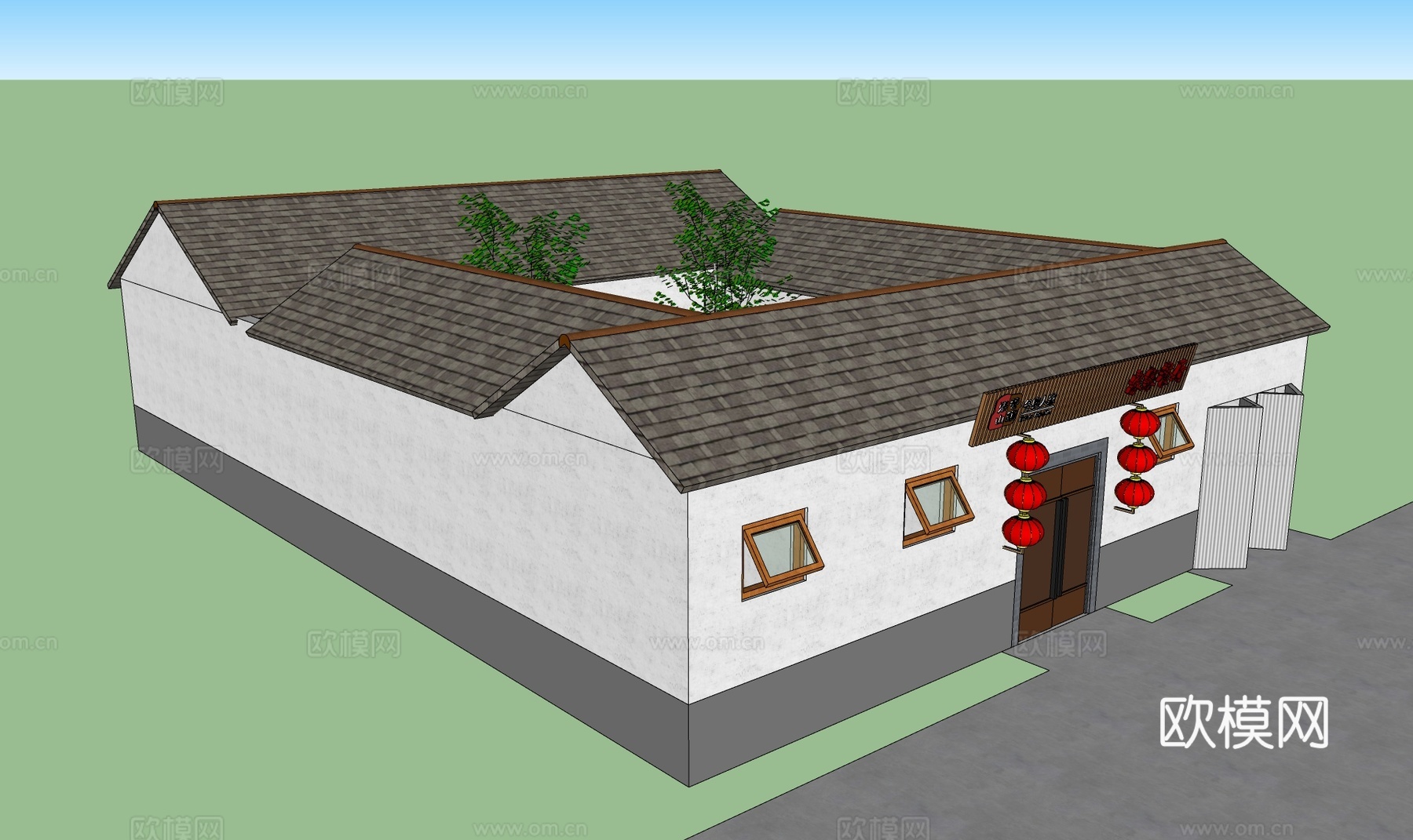 新中式四合院农家乐su模型下载下载（渲染图2）