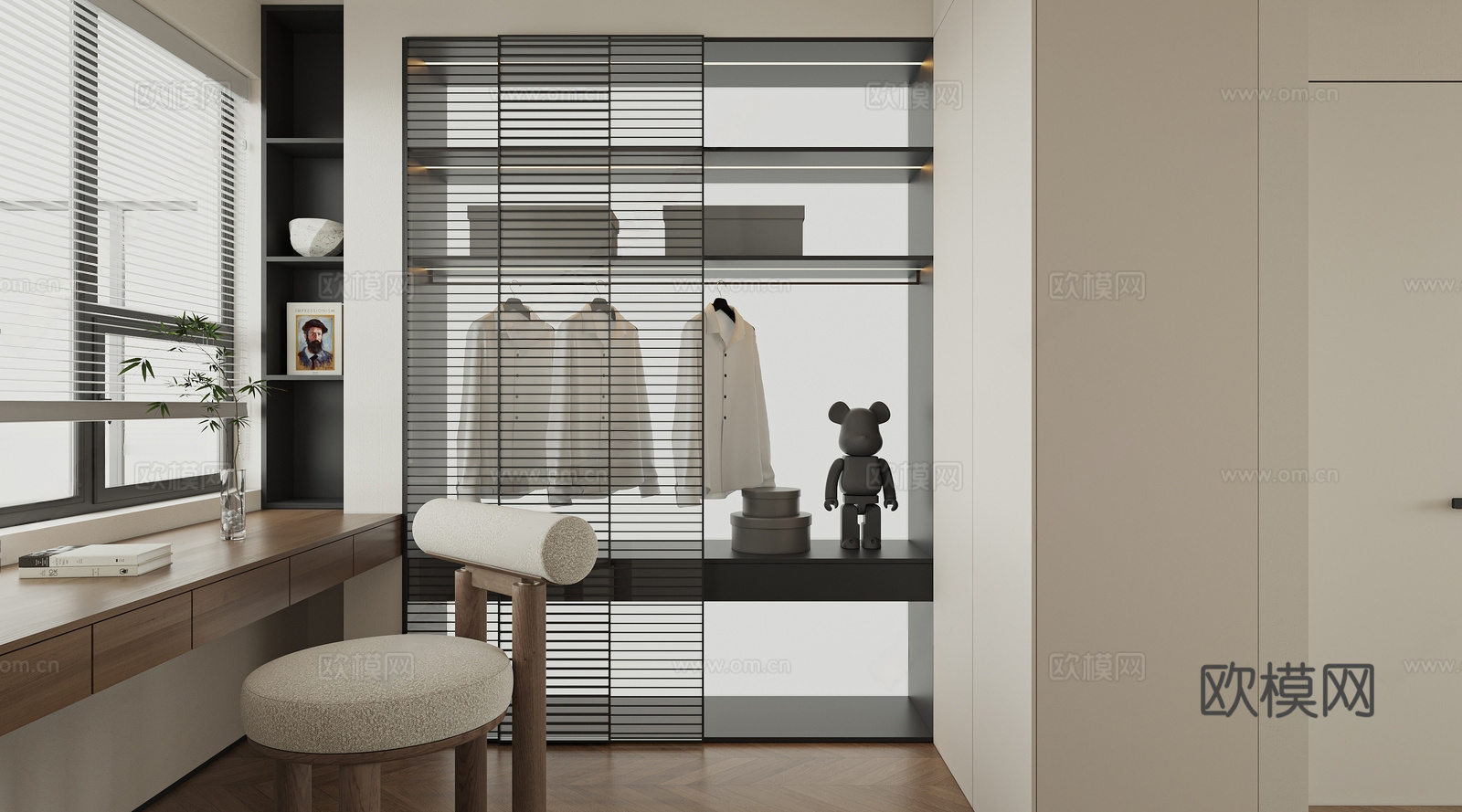 现代家居衣帽间 板式书桌椅 玻璃衣柜3d模型
