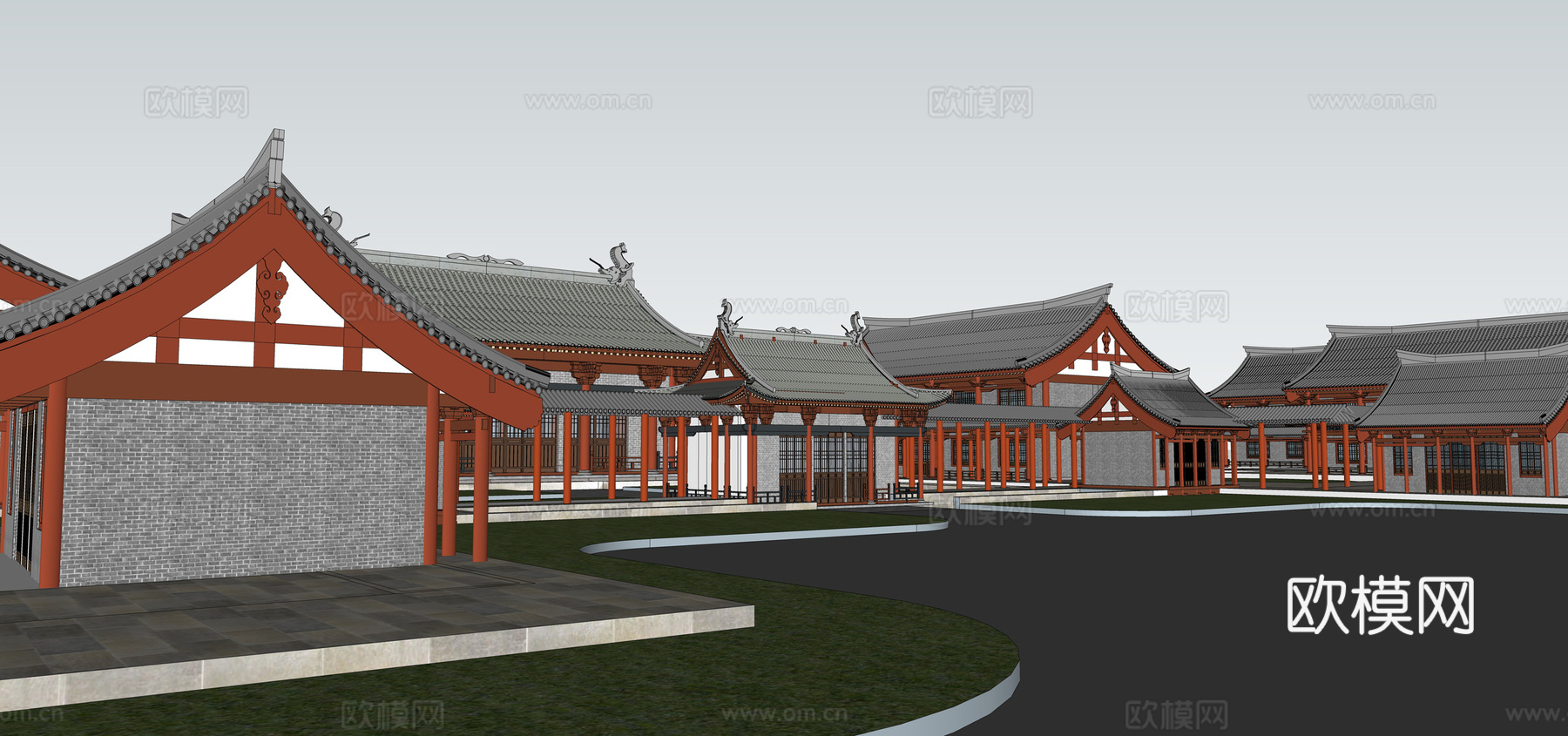 中式古建筑外观su模型下载