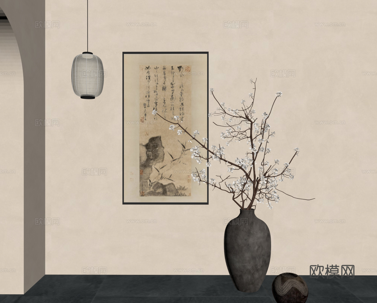新中式宋氏花瓶 装饰画 吊灯su模型