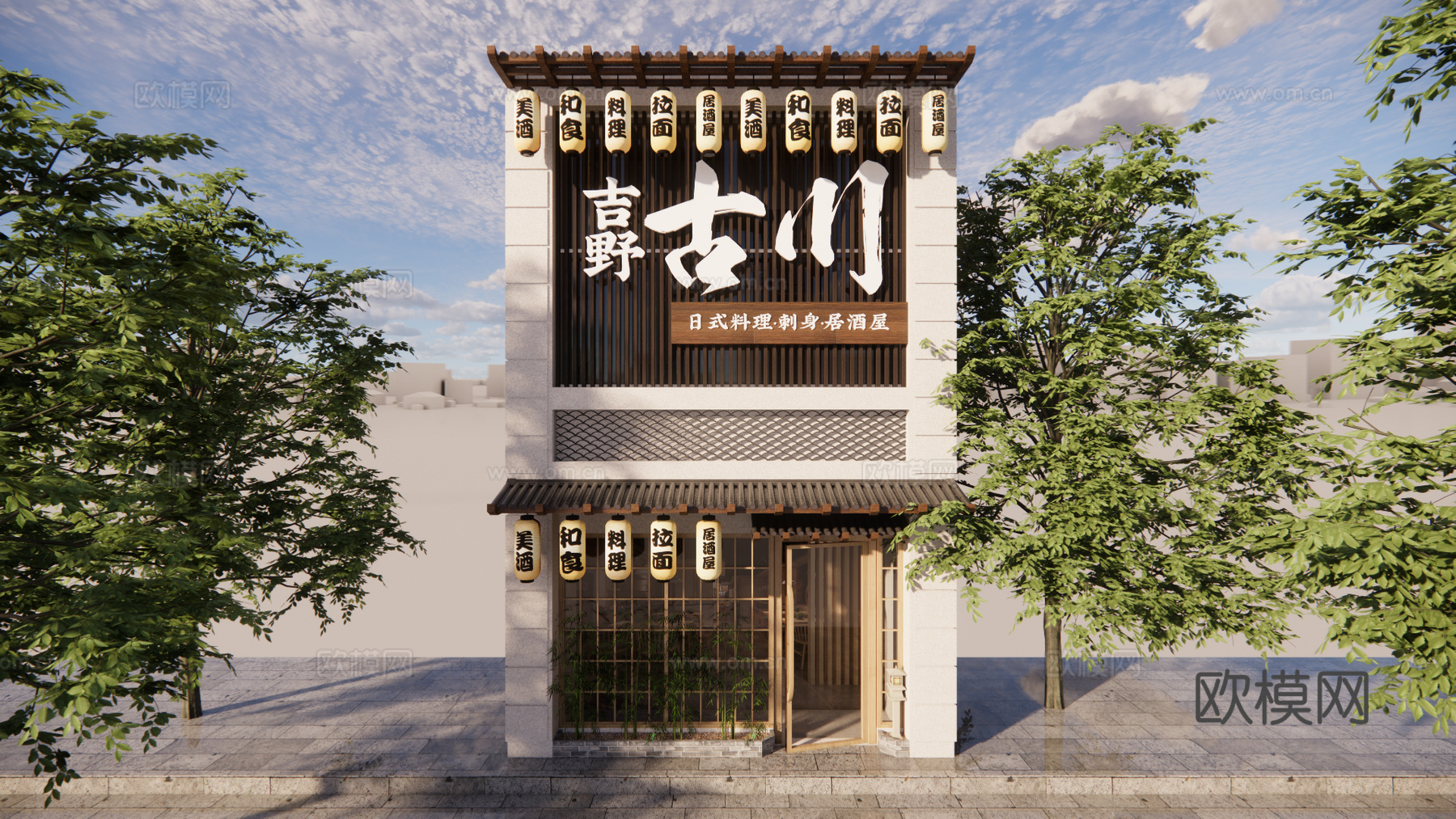 日式料理店门面门头su模型下载