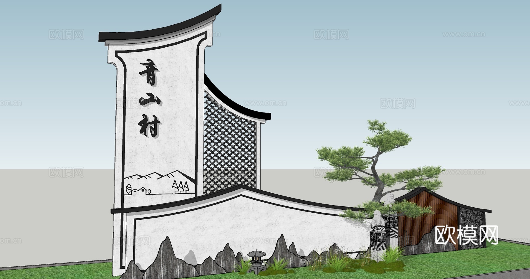 新中式田园乡村文化景墙su模型下载