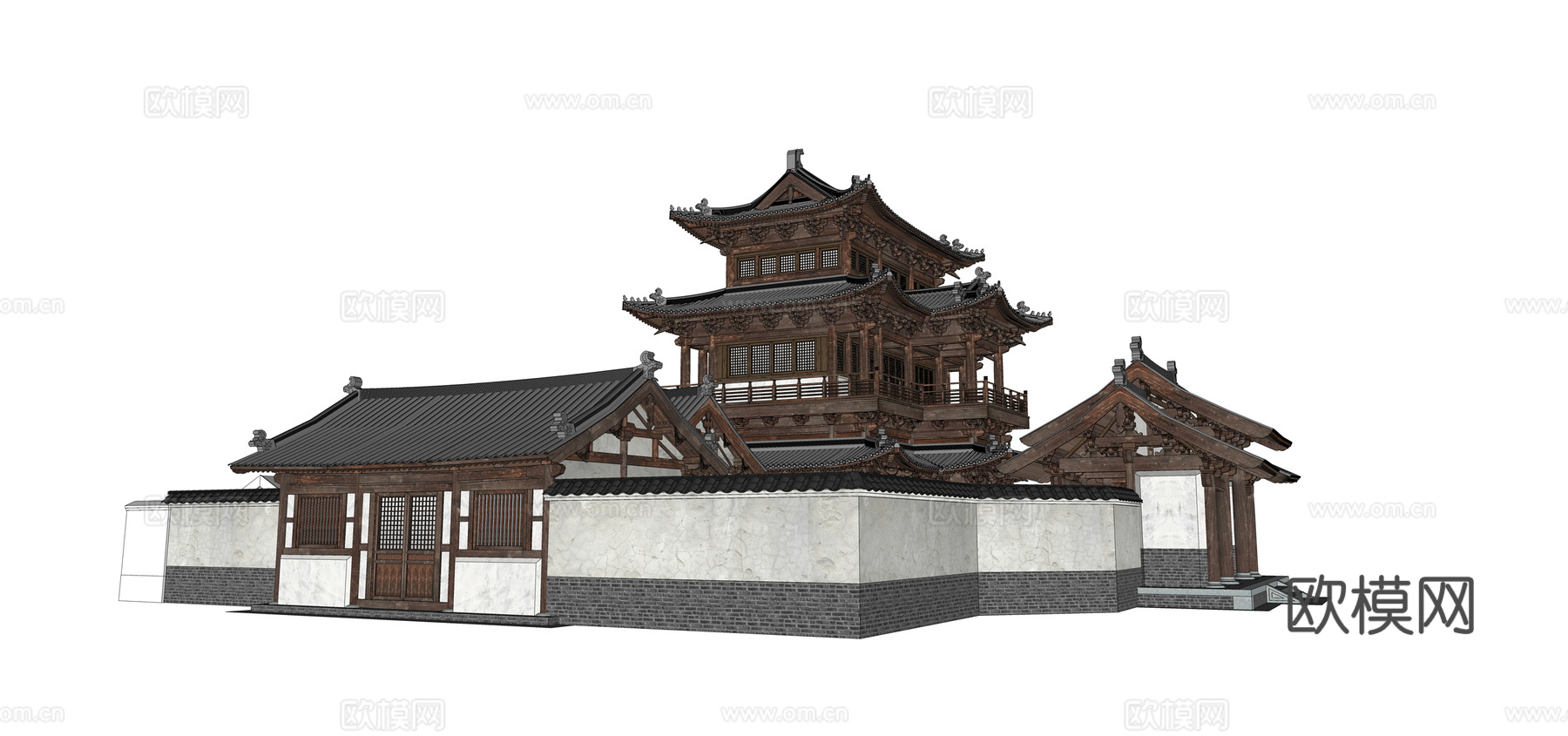 中式古建筑外观su模型下载