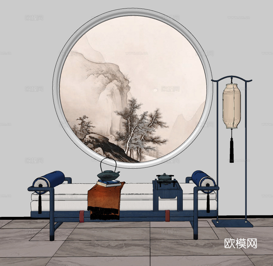 新中式布艺床尾凳su模型下载