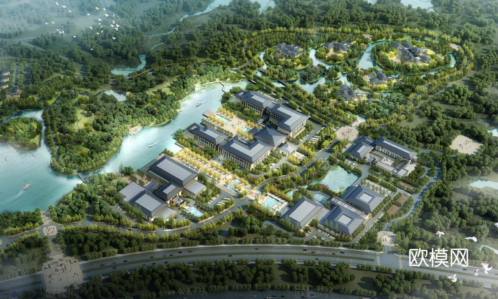 新中式度假酒店su模型下载