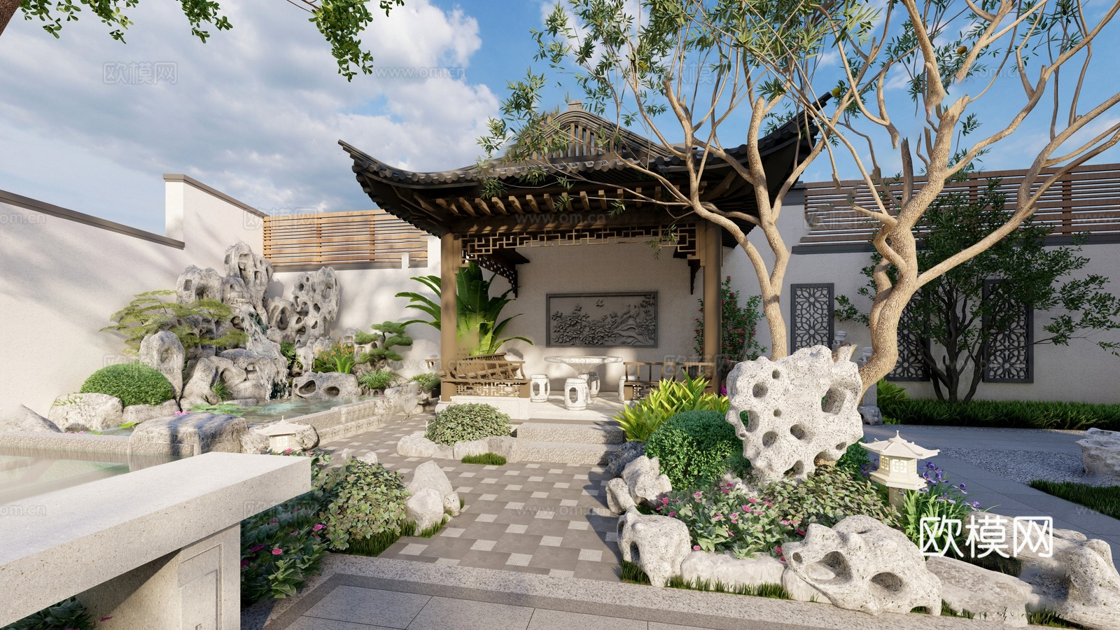新中式别墅庭院 别墅区 新中式庭院su模型