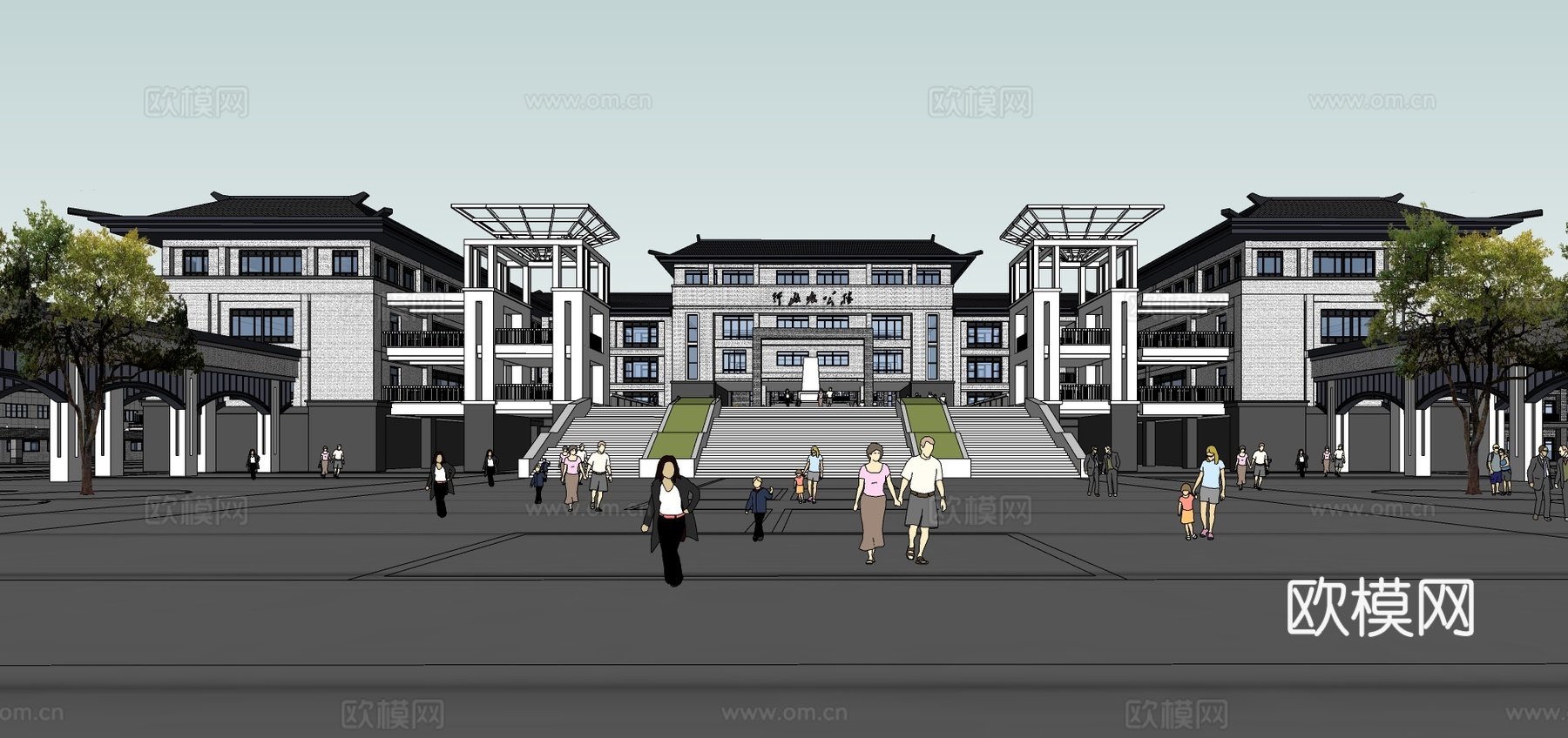 新中式学校外观su模型下载