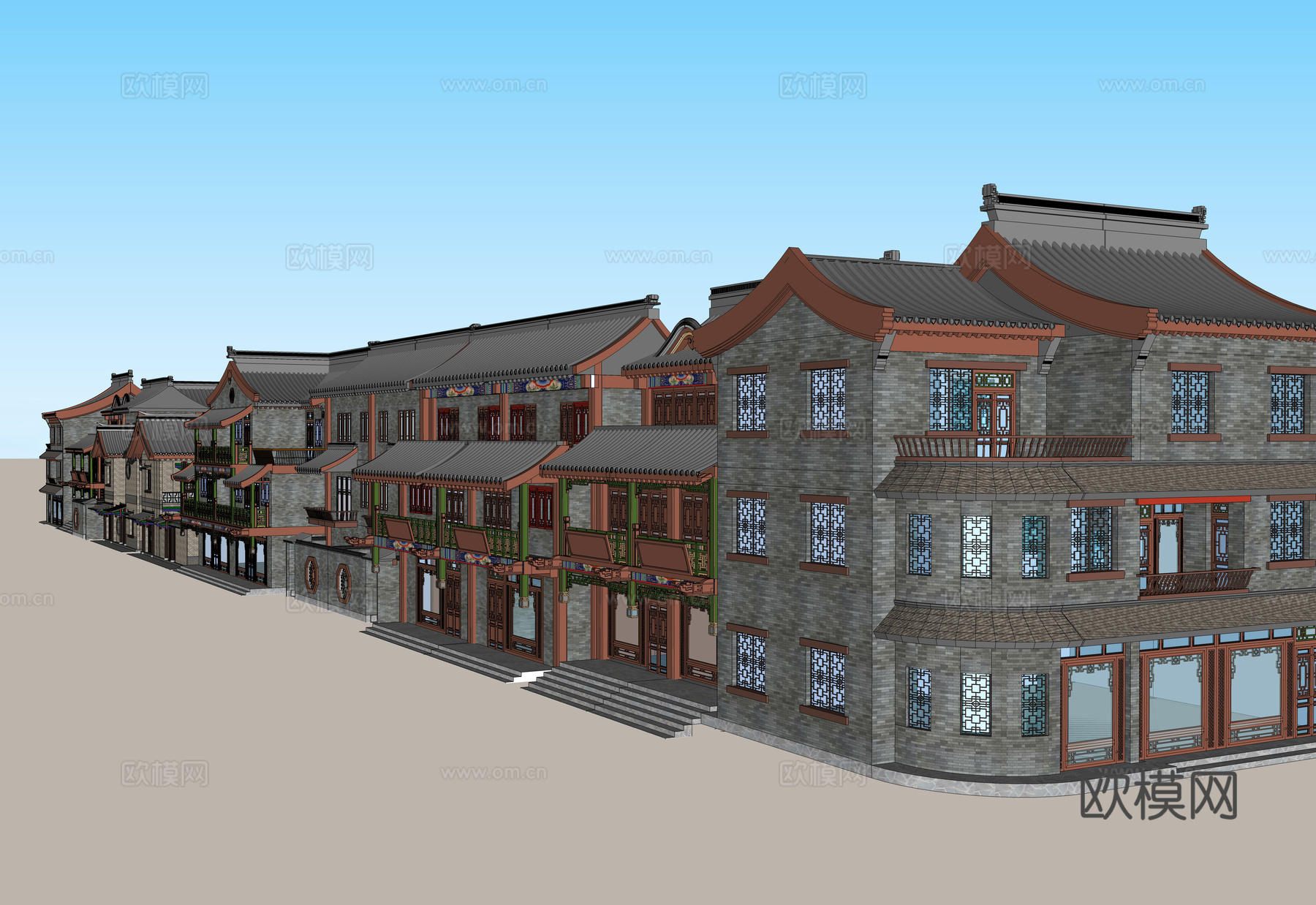 中式商业建筑外观su模型下载