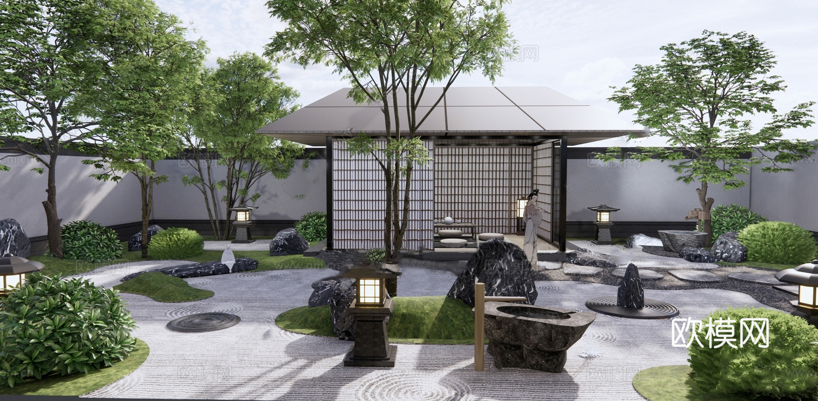 日式庭院花园su模型下载