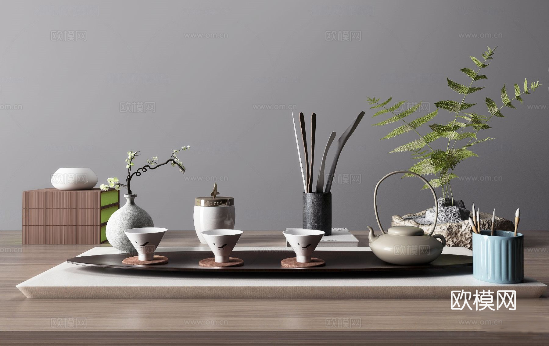 新中式茶具su模型下载