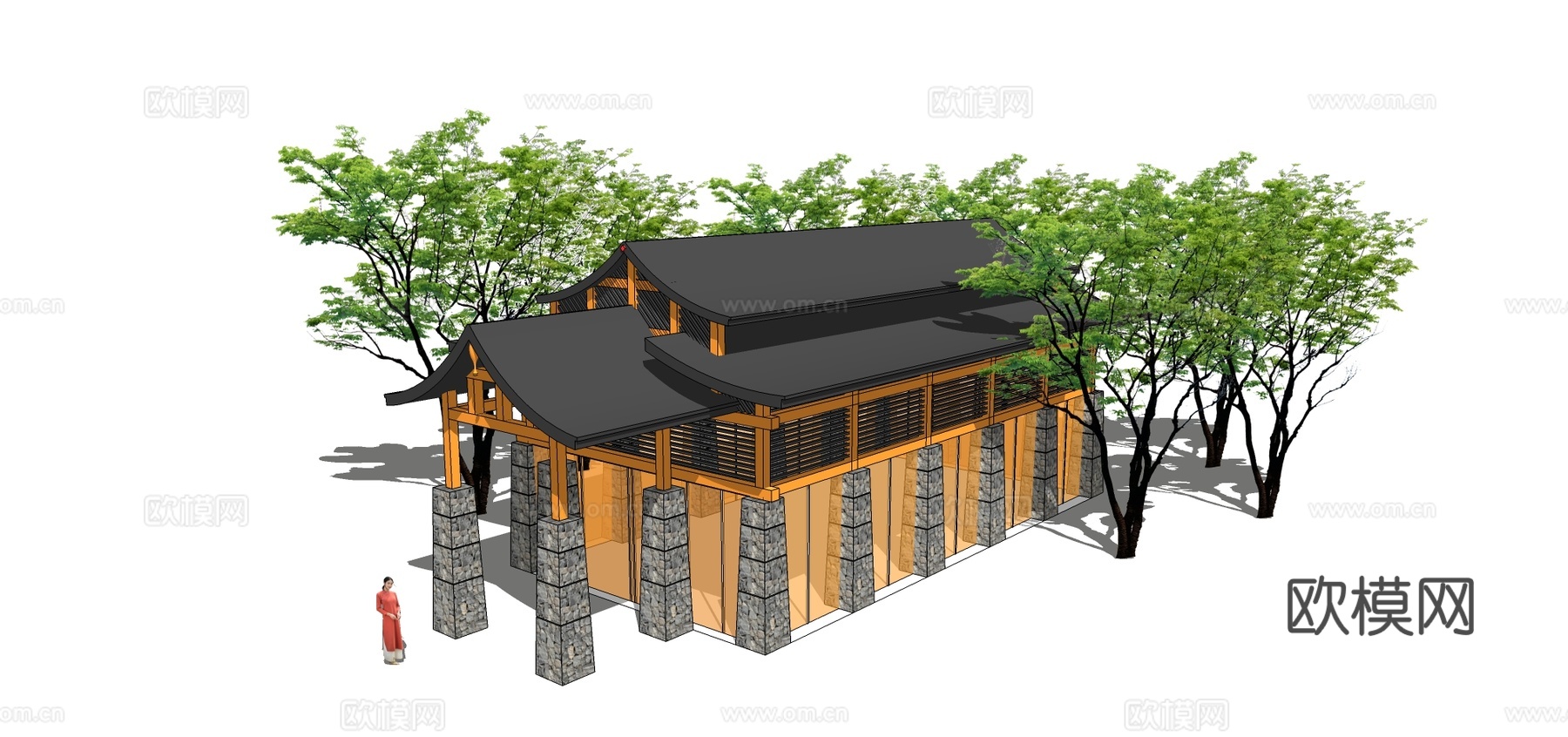 新中式仿古建筑外观su模型下载