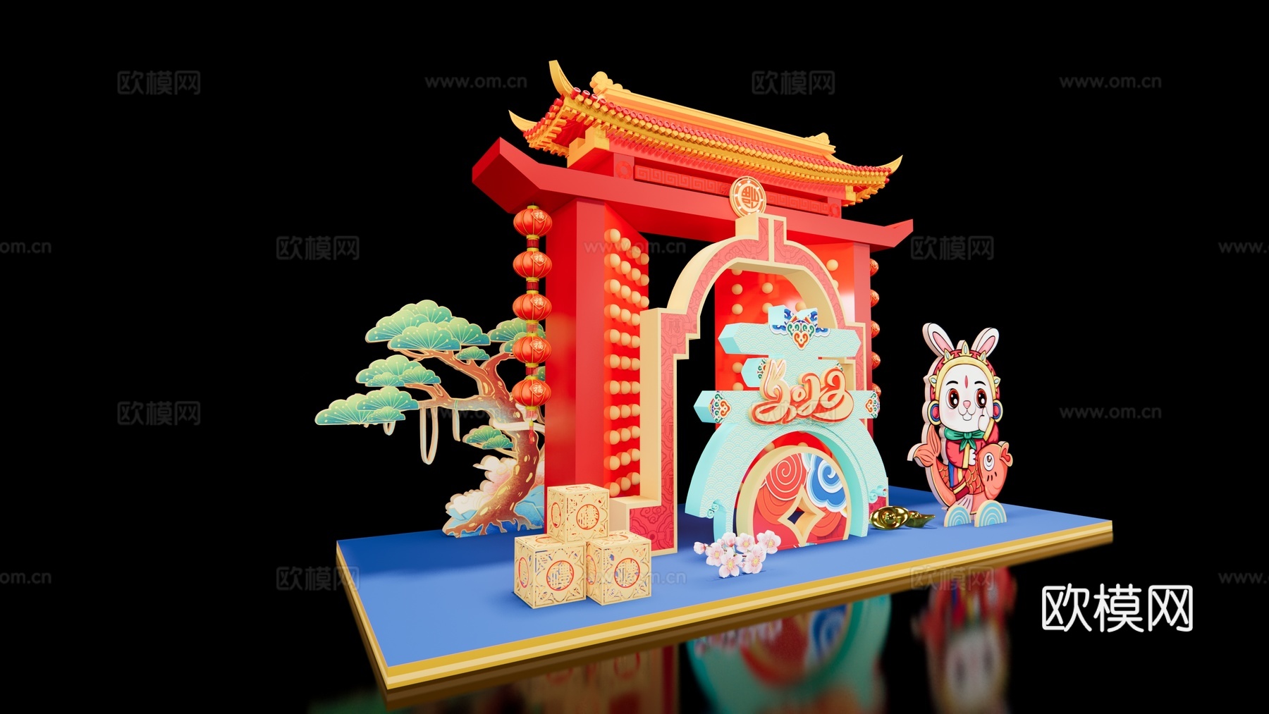 新中式兔年春节美陈su模型下载