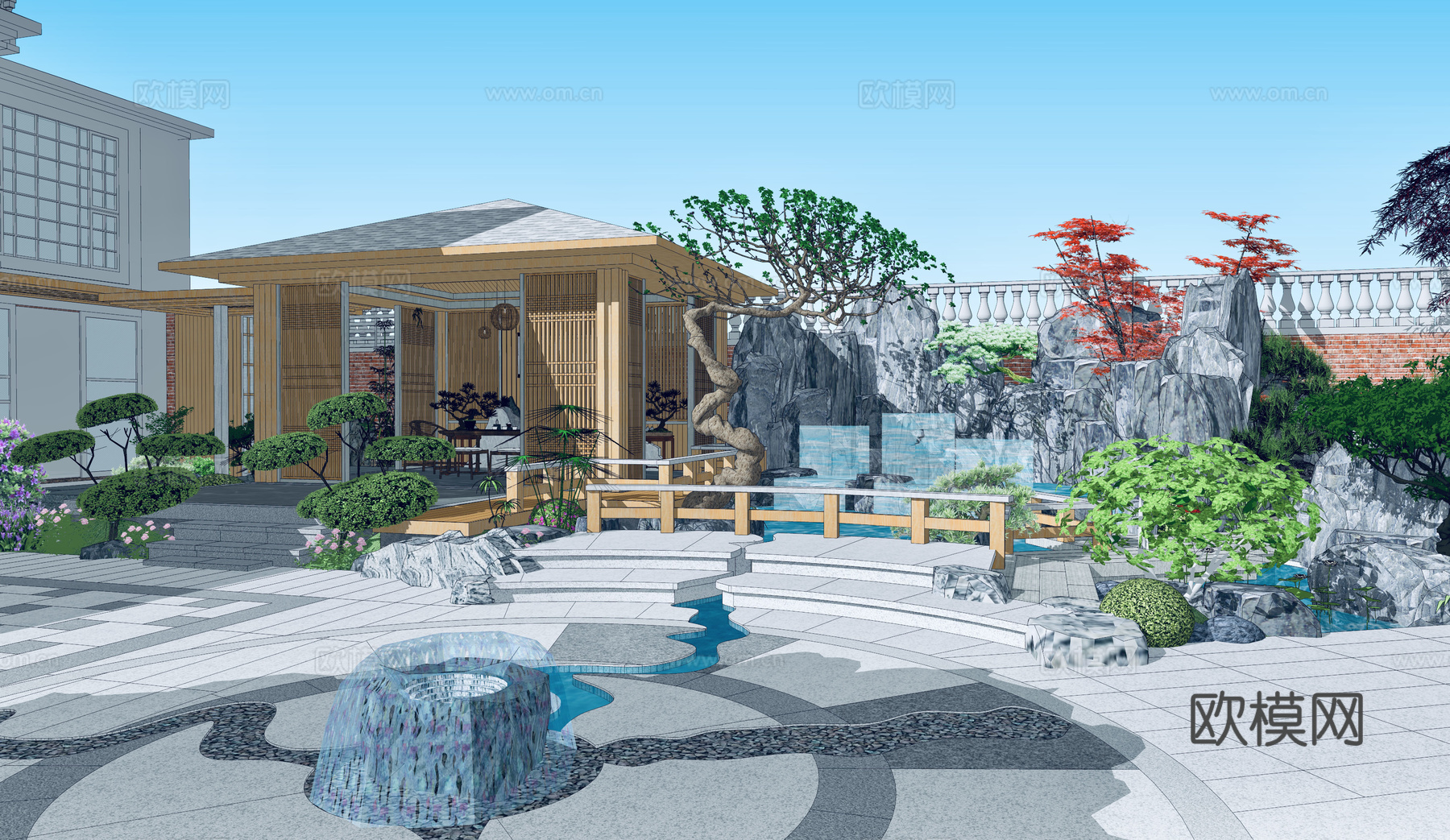 新中式别墅庭院花园su模型下载