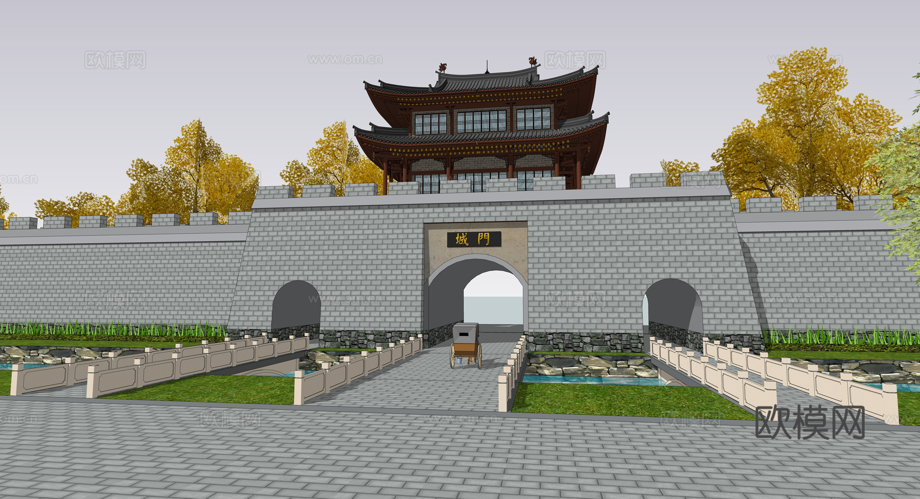 中式古建城门城楼su模型下载