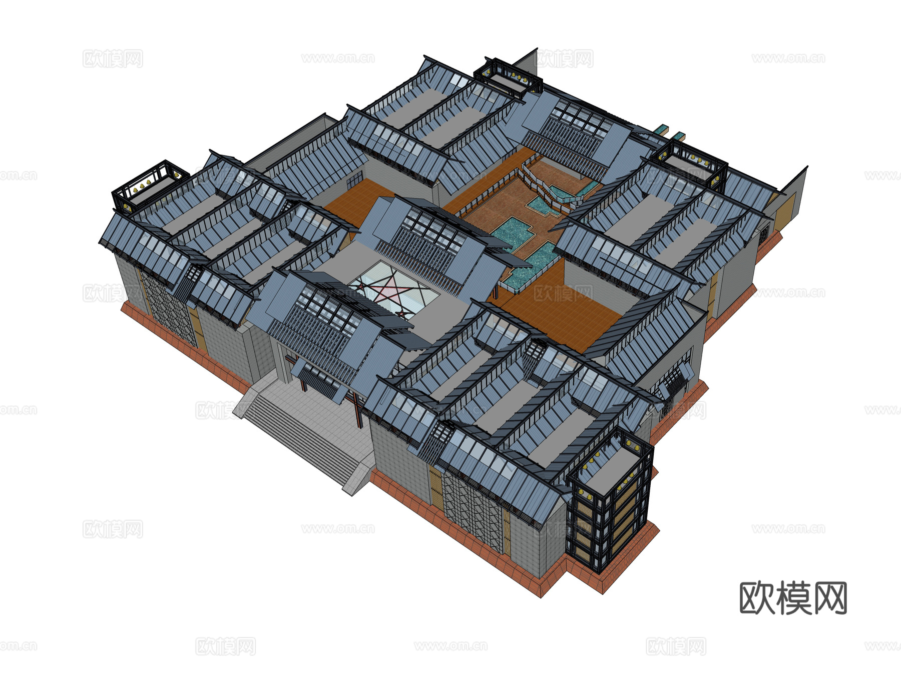 新中式纪念馆建筑外观su模型下载