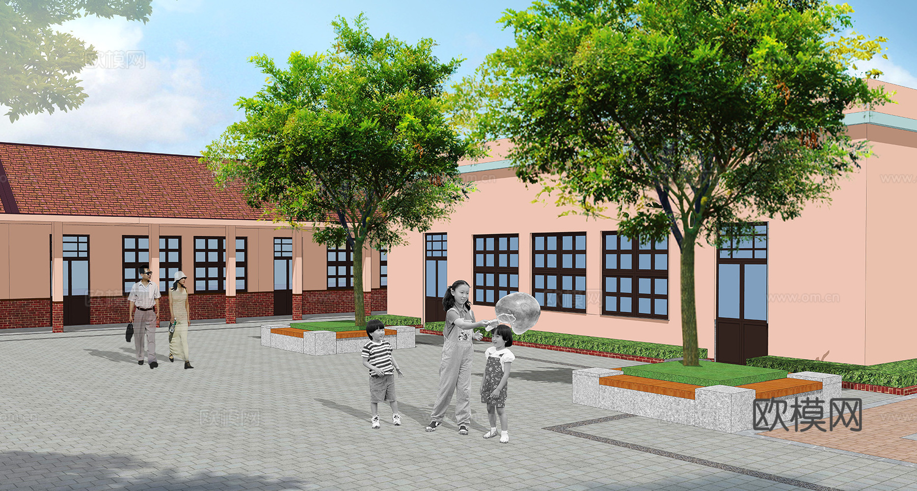 新中式乡村村委建筑外观su模型下载