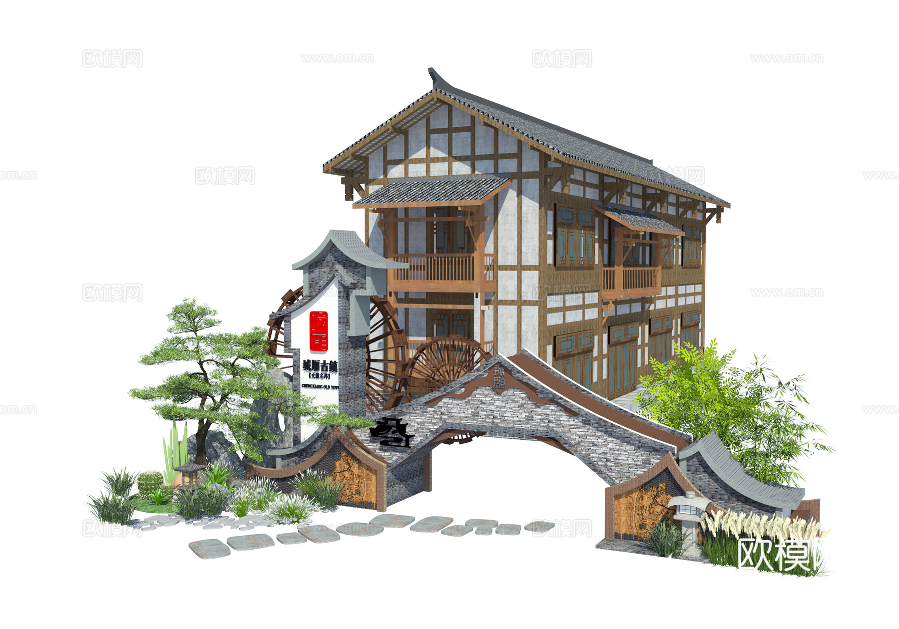 新中式乡村景墙小品su模型下载