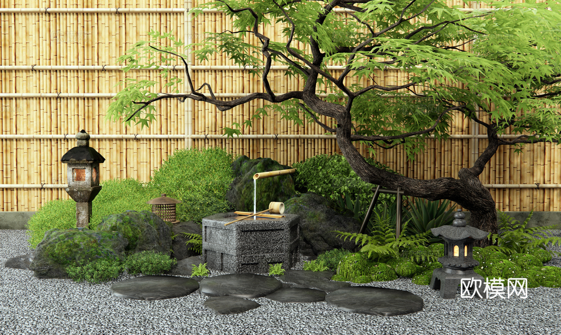日式庭院小品 枯山水 灌木 枫树 竹篱 水钵水景 植物堆su模型