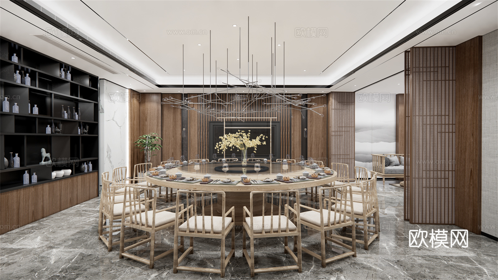 新中式餐厅包厢su模型下载