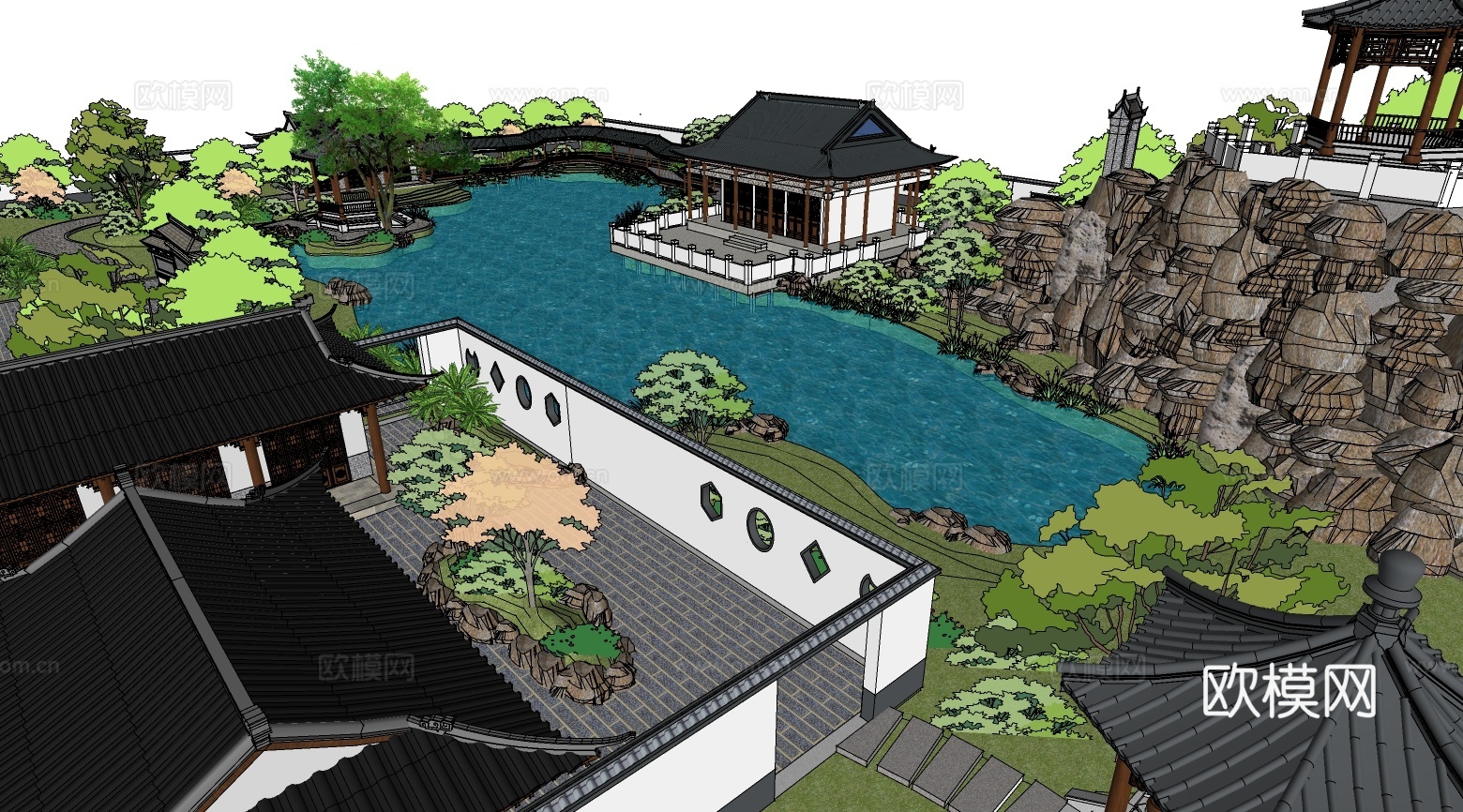 中式公园景观su模型下载