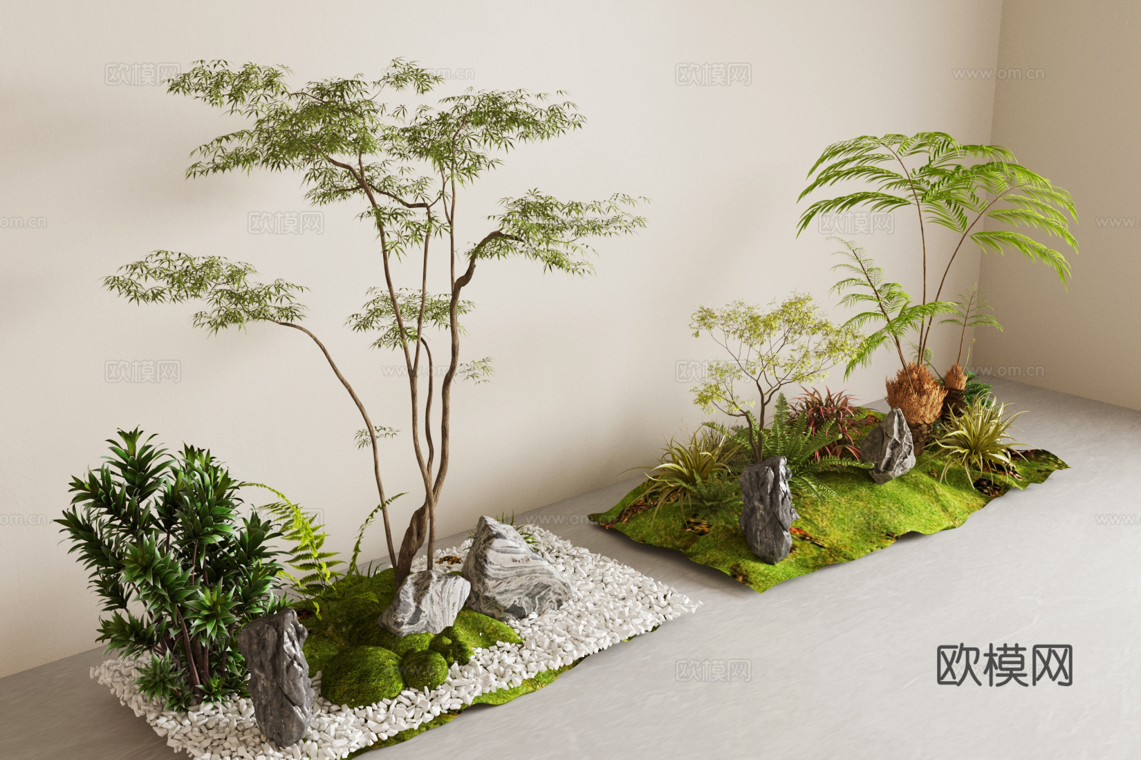 植物堆 室内景观小品 绿植植物花草 灰色石子 室内景观造景su模型
