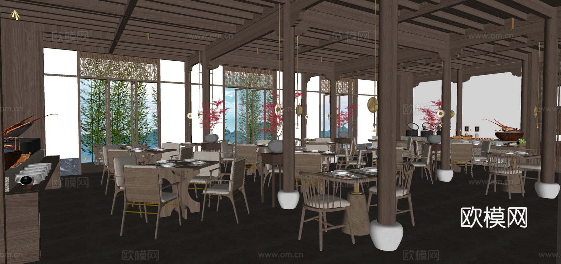 新中式中餐厅su模型下载下载