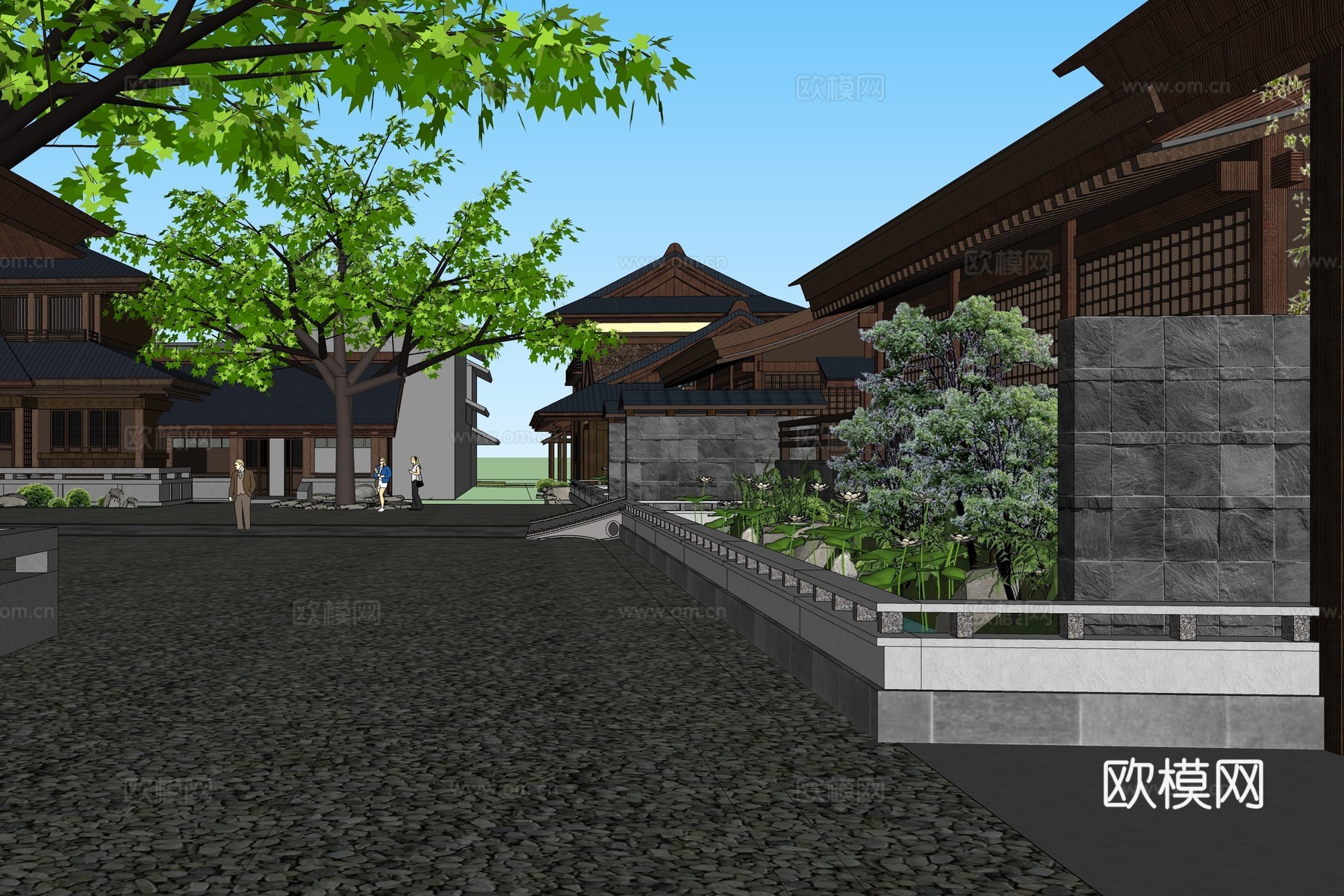 中式古建度假村su模型下载