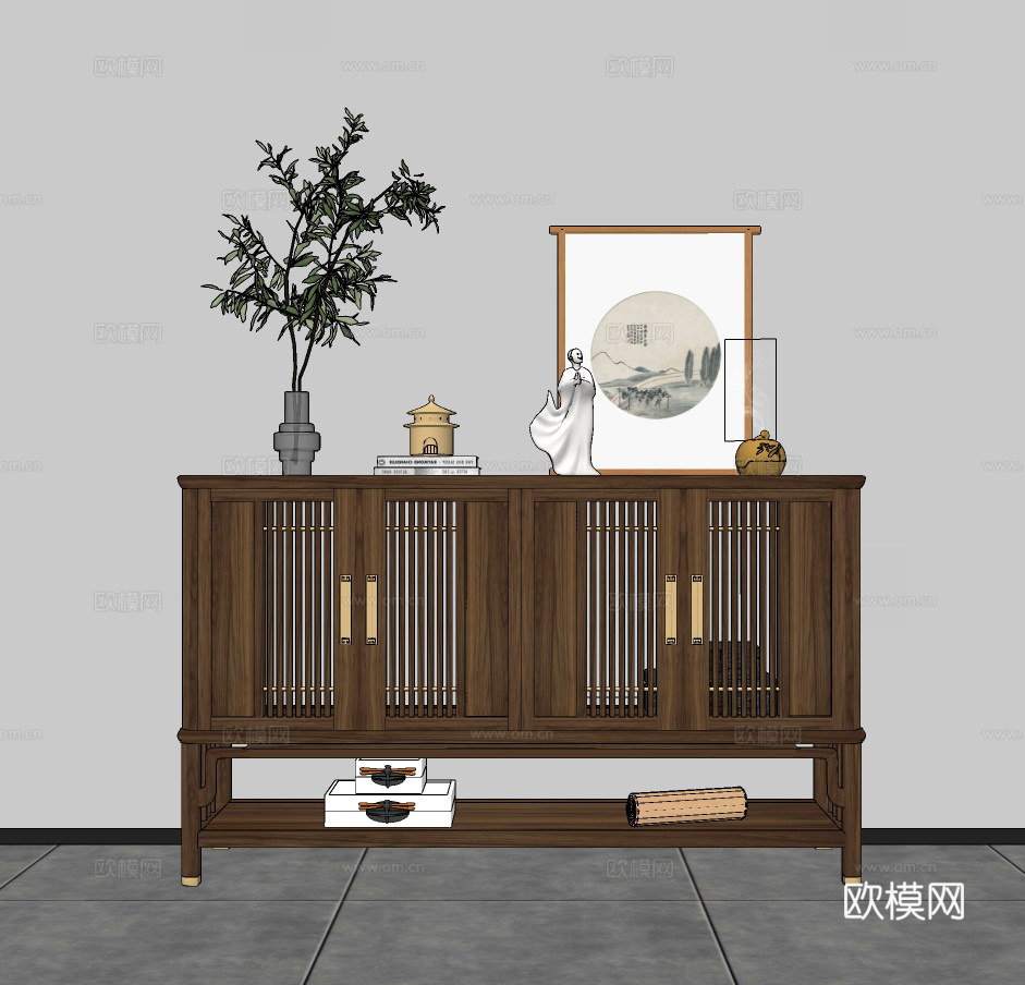新中式实木边柜su模型下载