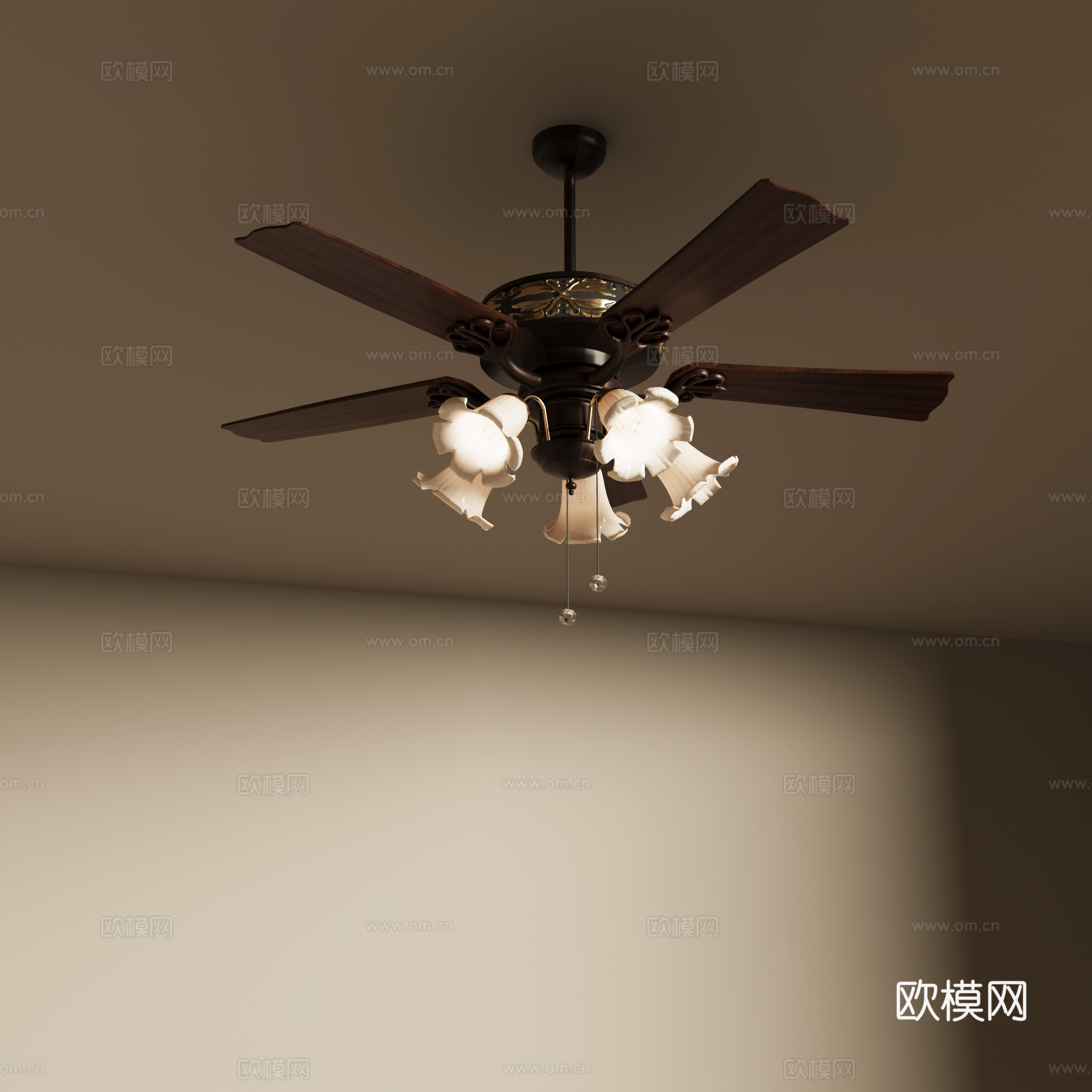 法式复古风风扇吊灯 实木风扇灯su模型