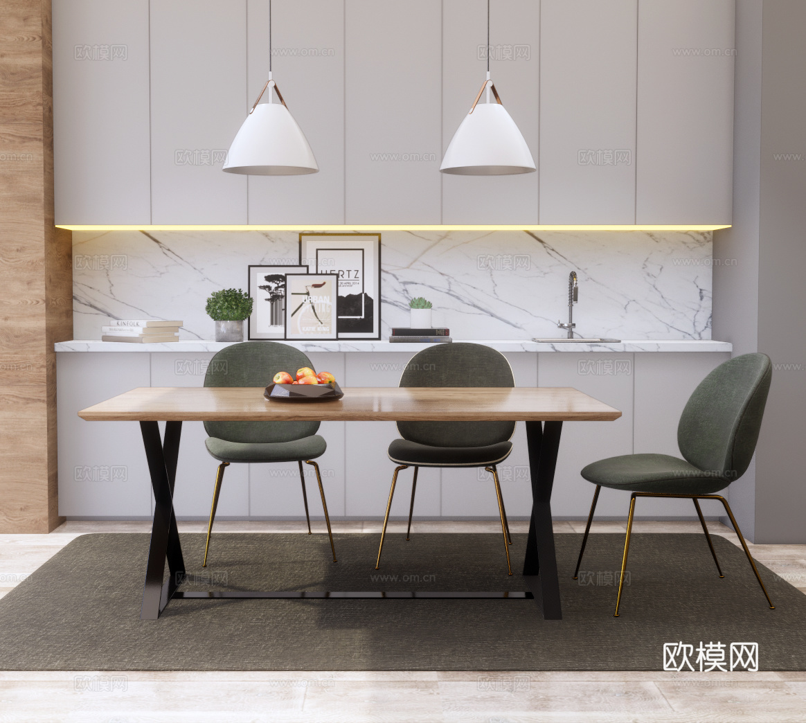 北欧条形餐桌椅su模型下载