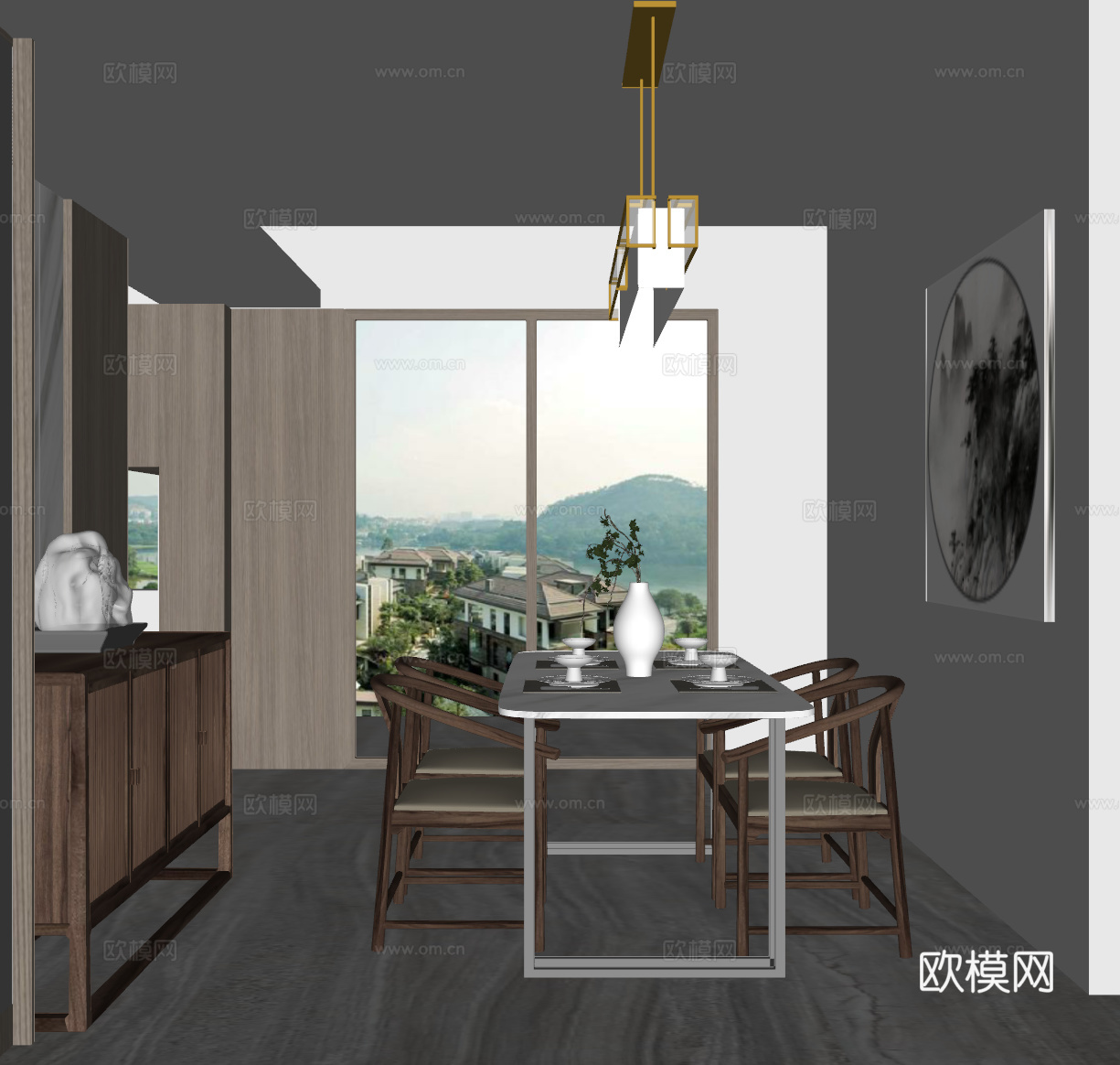 新中式餐厅su模型下载
