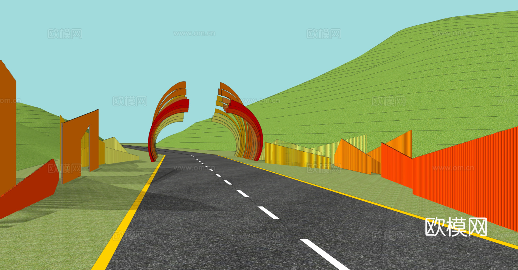 现代公路入口异形廊架su模型下载